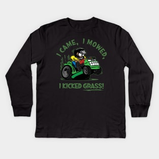 “Funny I Came, I Mowed, I Kicked Grass! Cartoon Lawnmower Kids Long Sleeve T-Shirt